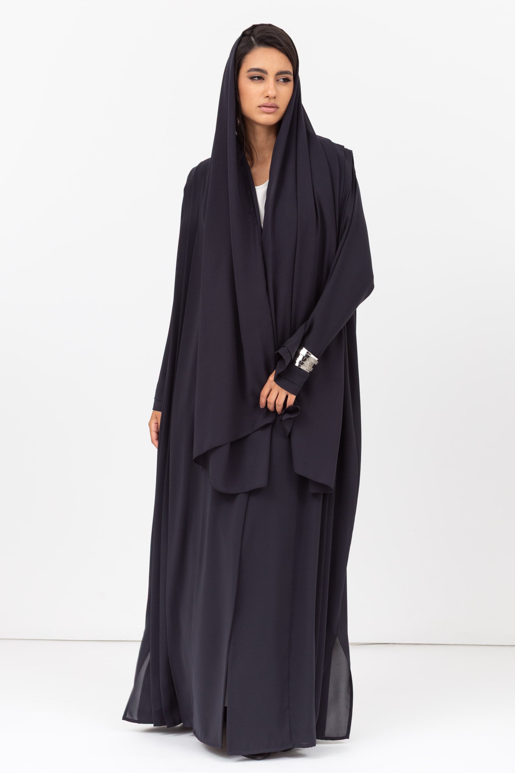 Loose Cut Pleated Abaya in Navy Blue RTW