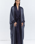 Gray Blue Velvet Abaya with Satin Trims