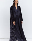 Luxe Gray Blue Abaya in Velvet Jacquard with Satin Collar