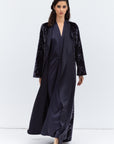 Luxe Gray Blue Abaya in Velvet Jacquard with Satin Collar