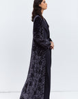 Luxe Gray Blue Abaya in Velvet Jacquard with Satin Collar