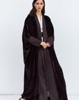 Deep Brown Velvet Abaya with Satin Trims
