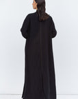 Loose Cut Black on Black Pattern Abaya with Satin Trims