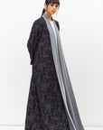 Fluid Shawl Lapel Abaya in Printed Dark Blue RTW