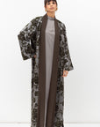 Winter Shawl Lapel Abaya in Flower Velvet Jacquard in Grey Green RTW