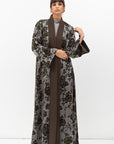 Winter Shawl Lapel Abaya in Flower Velvet Jacquard in Grey Green