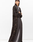 Fluid Shawl Lapel Abaya in Printed Dark Green