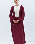 Maroon Silk Straight Cut Kaftan with Silver Japanese Yoke Piece