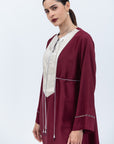 Maroon Silk Straight Cut Kaftan with Silver Japanese Yoke Piece