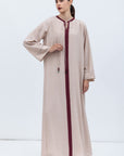 Straight Cut Silk Kaftan in Tan with Maroon Center RTW
