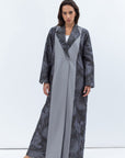 Coat-Style Abaya in Grey Green Linen with Palm Leaf Pattern