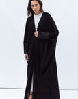 Butterfly Abaya in Black Shimmer with Black Satin Detailing