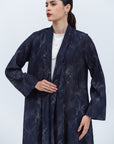 Shawl Lapel Abaya in Blue with Silver Print Plisse