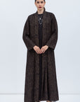 Shawl Lapel Abaya in Black with Golden Print Plisse