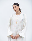 Straight Cut Kaftan in White with Embroidered Center Front