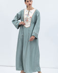 Straight Cut Kaftan in Green with Silver Japanese Collar