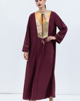 Straight Cut Silk Kaftan in Maroon with Golden Japanese Collar