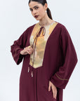 Straight Cut Silk Kaftan in Maroon with Golden Japanese Collar