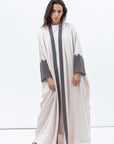 Loose cut Abaya in Beige with Grey Textured Detailing