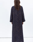Shawl Lapel Abaya in Navy with Golden Print