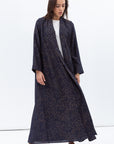 Shawl Lapel Abaya in Navy with Golden Print