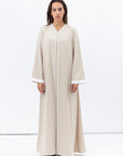 Front Closing Abaya in Cream with High V Neck RTW