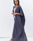 Butterfly Abaya in Blue Grey Shimmer with Grey Satin Detailing