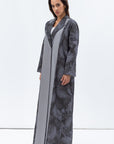 Coat-Style Abaya in Grey Green Linen with Palm Leaf Pattern