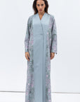 Overlap Sculpted Abaya in Blue Grey Floral Print