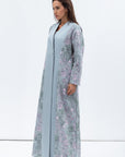 Overlap Sculpted Abaya in Blue Grey Floral Print