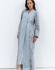 Overlap Sculpted Abaya in Blue Grey Floral Print