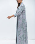 Overlap Sculpted Abaya in Blue Grey Floral Print