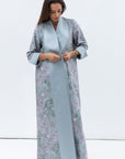 Overlap Sculpted Abaya in Blue Grey Floral Print