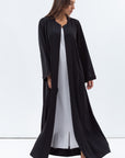 Straight Cut Abaya in Black Shimmer with Black Satin Detailing