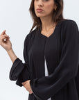 Straight Cut Abaya in Black Shimmer with Black Satin Detailing