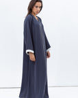 Front Closing Abaya in Blue Grey with High V Neck RTW