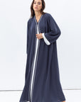 Front Closing Abaya in Blue Grey with High V Neck RTW