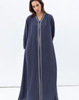 Front Closing Abaya in Blue Grey with High V Neck RTW
