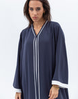 Front Closing Abaya in Blue Grey with High V Neck RTW