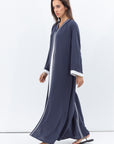 Front Closing Abaya in Blue Grey with High V Neck RTW