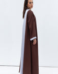 Straight Cut Abaya in Rusty Brown Linen with Grey Blue Satin Detailing