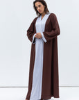 Straight Cut Abaya in Rusty Brown Linen with Grey Blue Satin Detailing