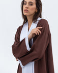 Straight Cut Abaya in Rusty Brown Linen with Grey Blue Satin Detailing