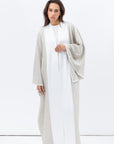 Flow Abaya in Taupe Linen with White Satin Detailing
