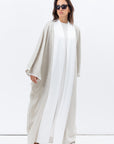 Flow Abaya in Taupe Linen with White Satin Detailing