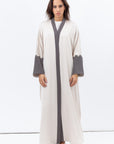 Loose cut Abaya in Beige with Grey Textured Detailing