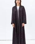 Shawl Lapel Abaya in Textured Black with Purple