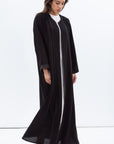 Straight Cut Abaya in Black Shimmer with Black Satin Detailing
