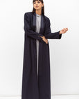 Winter Coat Abaya with Satin Collar in Navy Blue RTW