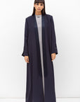 Winter Coat Abaya with Satin Collar in Navy Blue